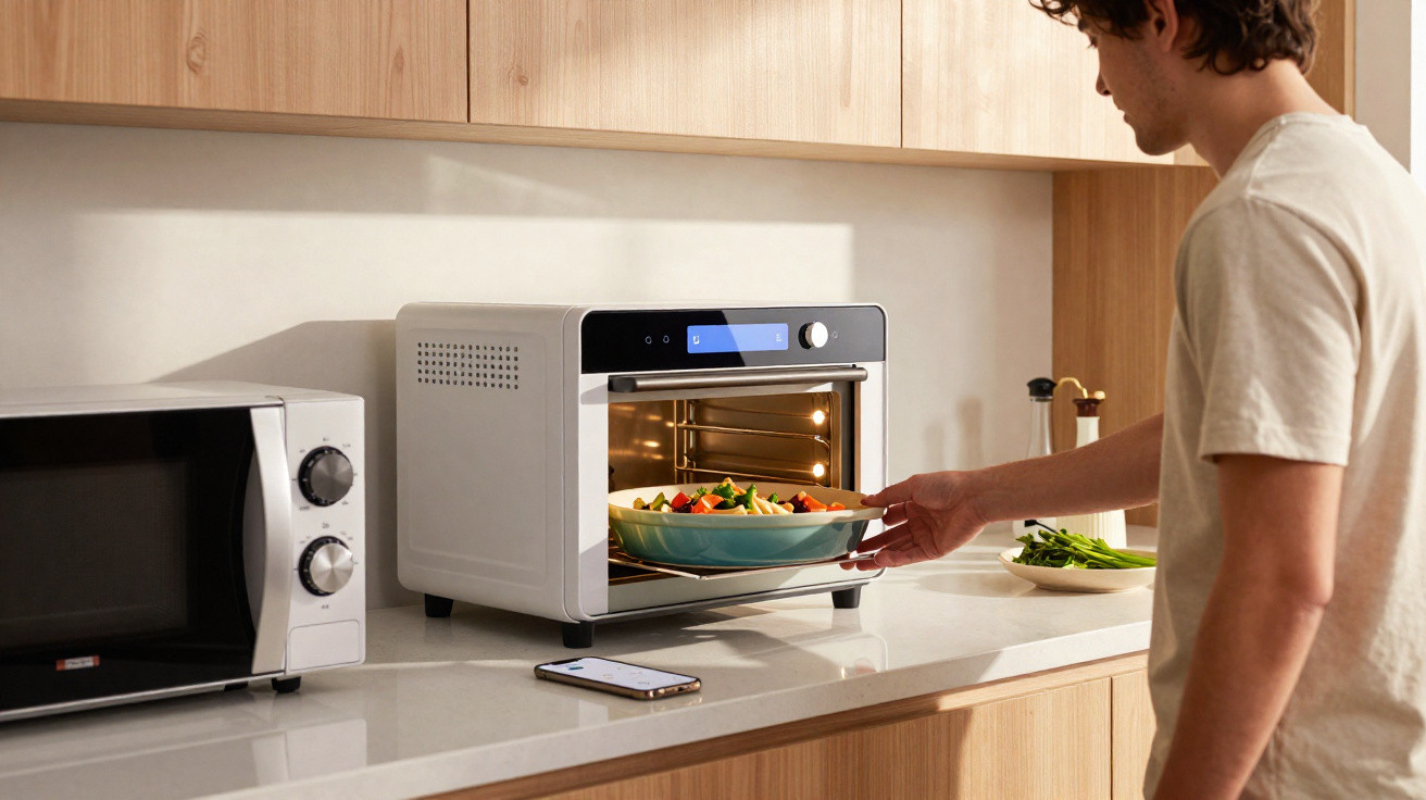 Person placing a bowl of food inside a countertop oven in a modern kitchen.