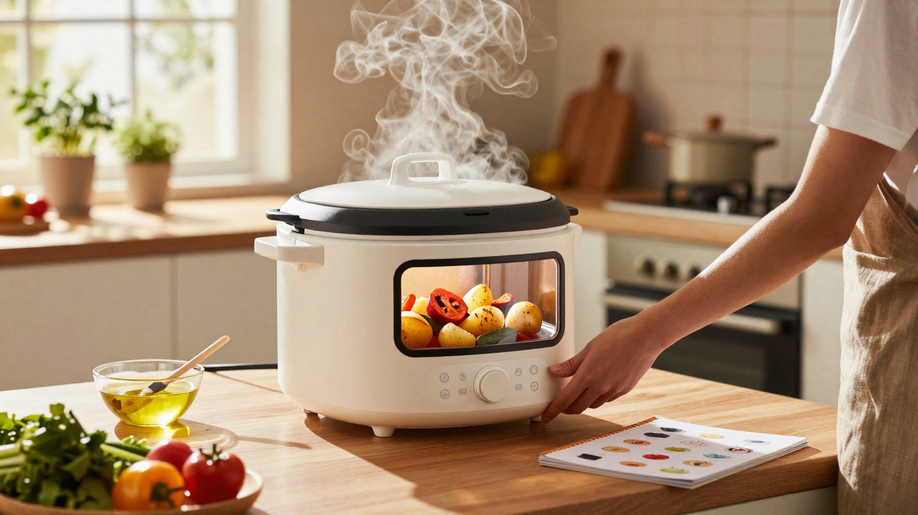 Person adjusting settings on a white electric cooker with visible steamed vegetables inside on a kitchen counter.