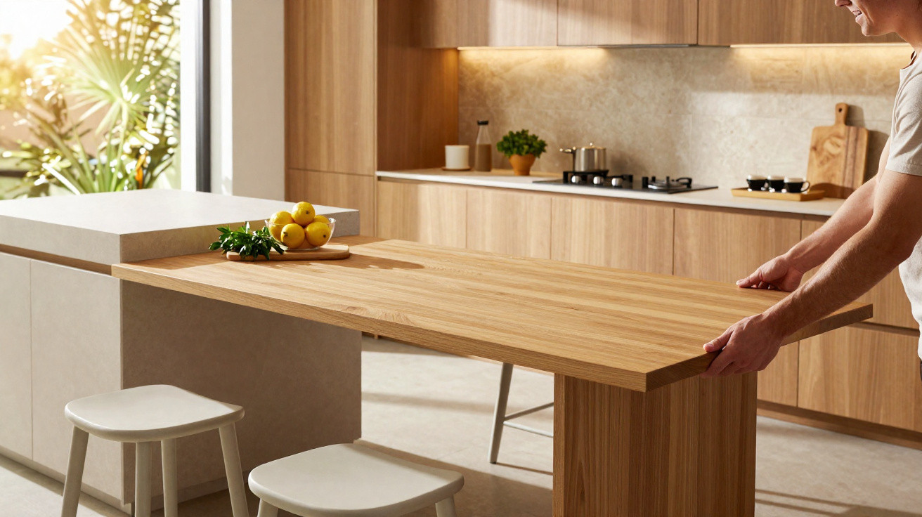 Person extending a wooden dining table in a modern kitchen with stools and sunlight through a window.