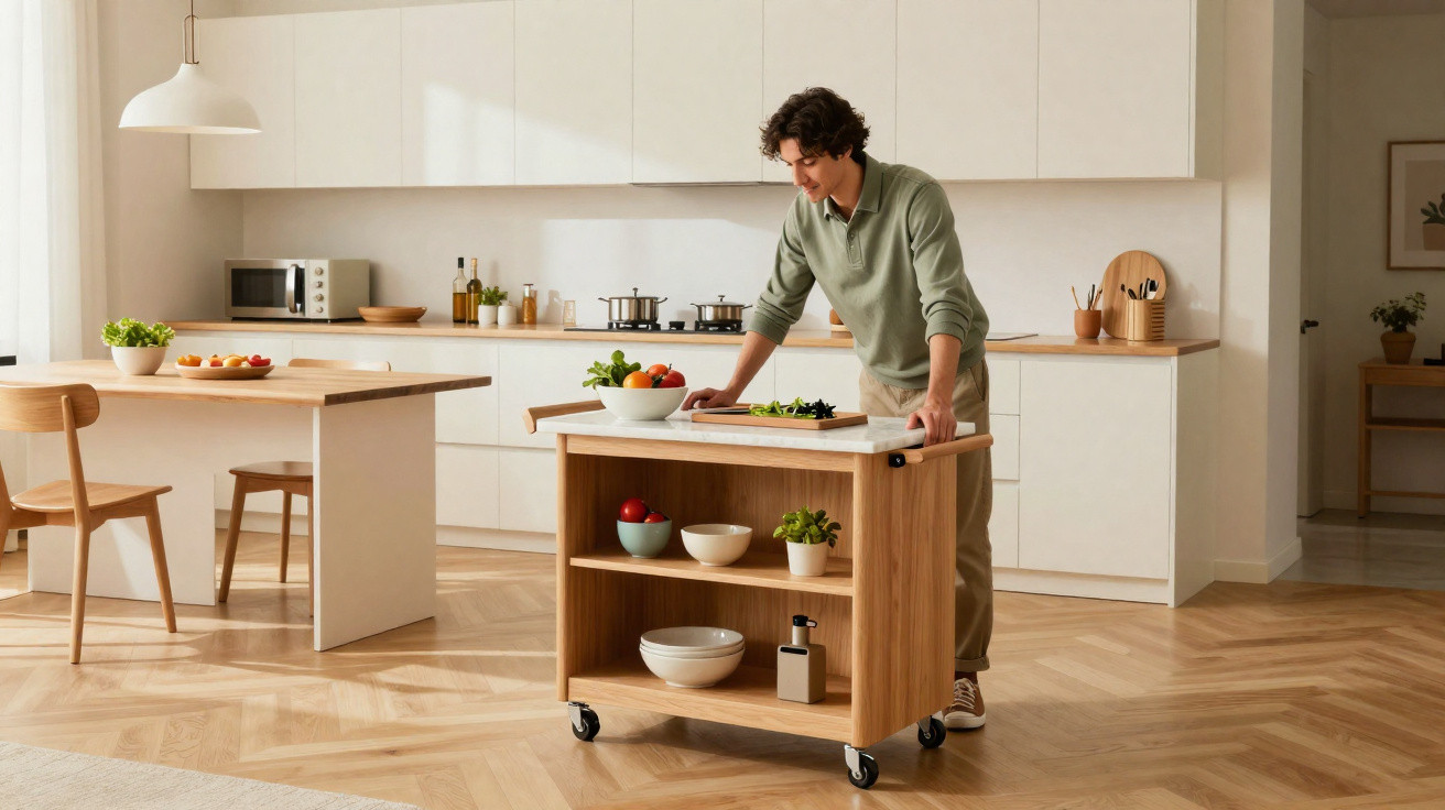 Man chopping vegetables on a wooden kitchen island cart in a modern, bright kitchen with light wood furniture.