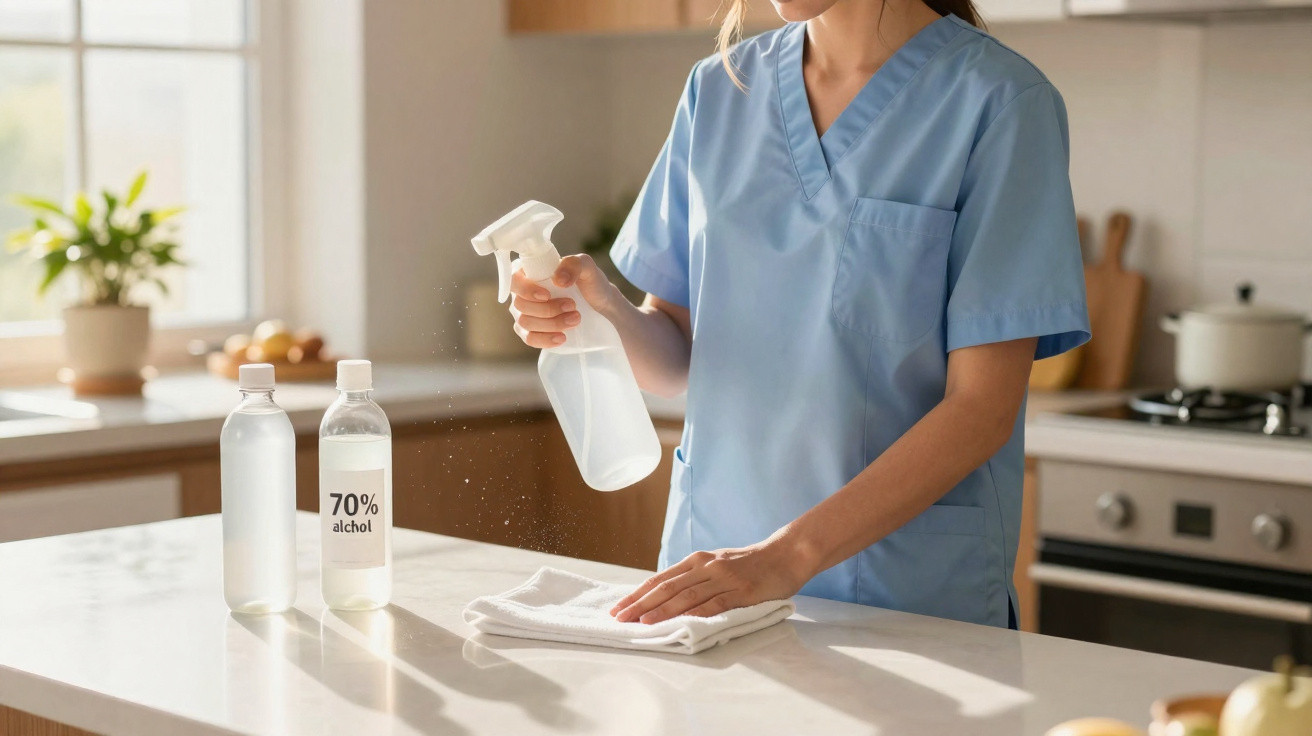 Person in blue scrubs spraying disinfectant on a kitchen counter with cleaning cloth and bottles nearby.