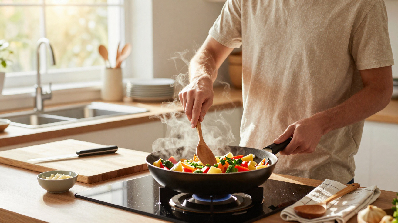 Person stirring colourful vegetables cooking in a black frying pan on a gas stove in a bright kitchen.
