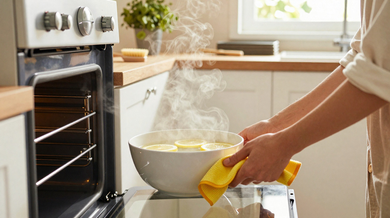 Person holding steaming bowl with lemon slices over an open oven door in a kitchen.