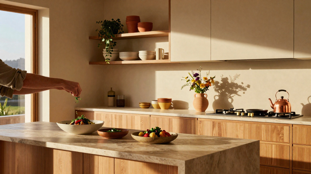 Modern kitchen with wooden cabinets, marble island, bowls of fruit, a vase of flowers, and a person seasoning a salad.