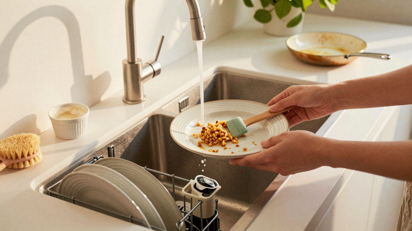 Hands rinsing corn kernels off a plate under a kitchen sink faucet with dishes in a nearby dishwasher.