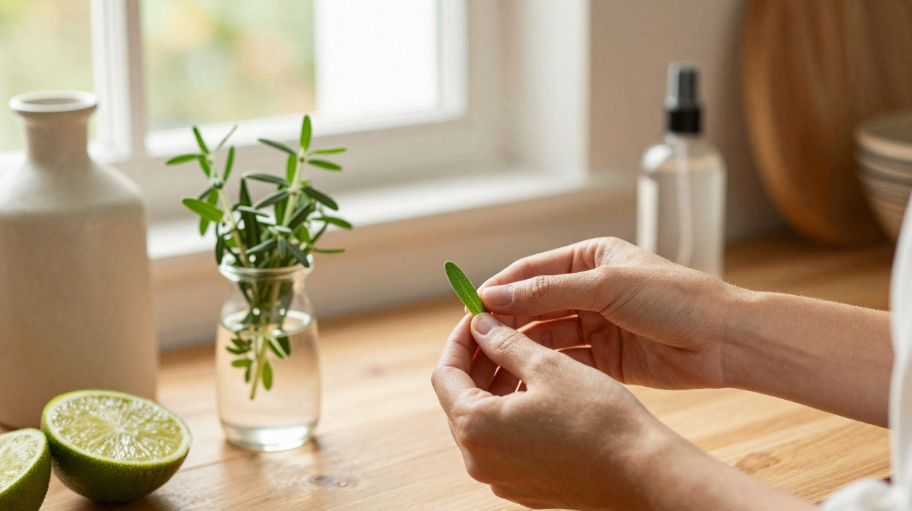 Person holding a small green leaf over a wooden table with lime halves and a glass jar of herbs.