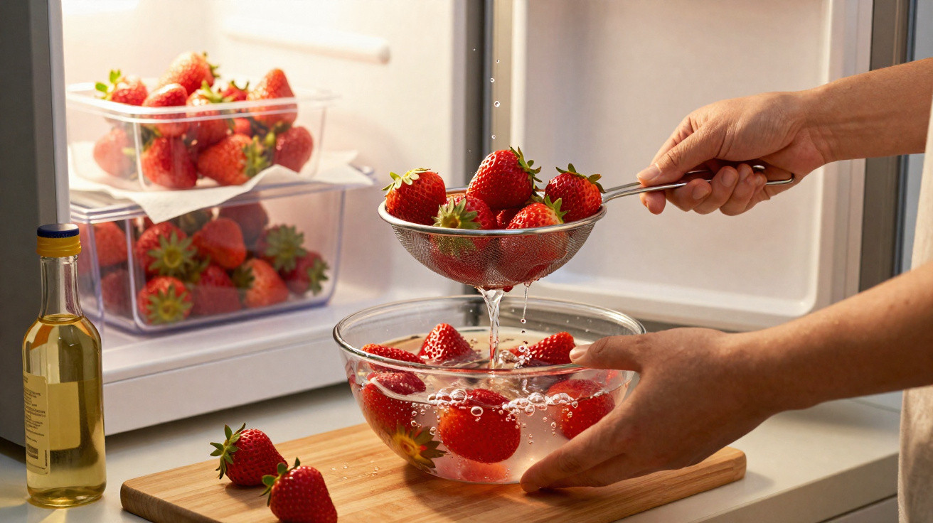 Hands rinsing fresh strawberries in a sieve over a bowl of water on a kitchen counter near the fridge.
