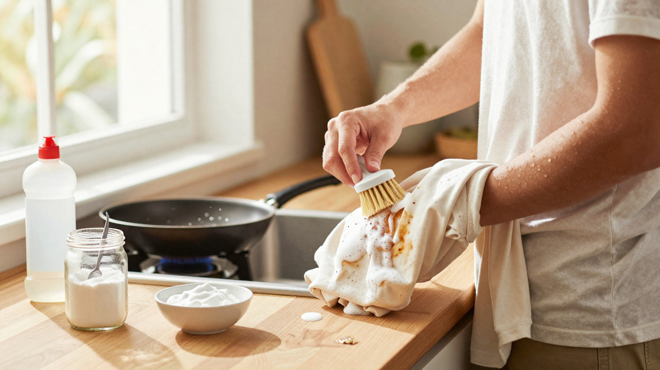Person scrubbing a stained white shirt sleeve with a brush beside cleaning supplies on a kitchen counter.