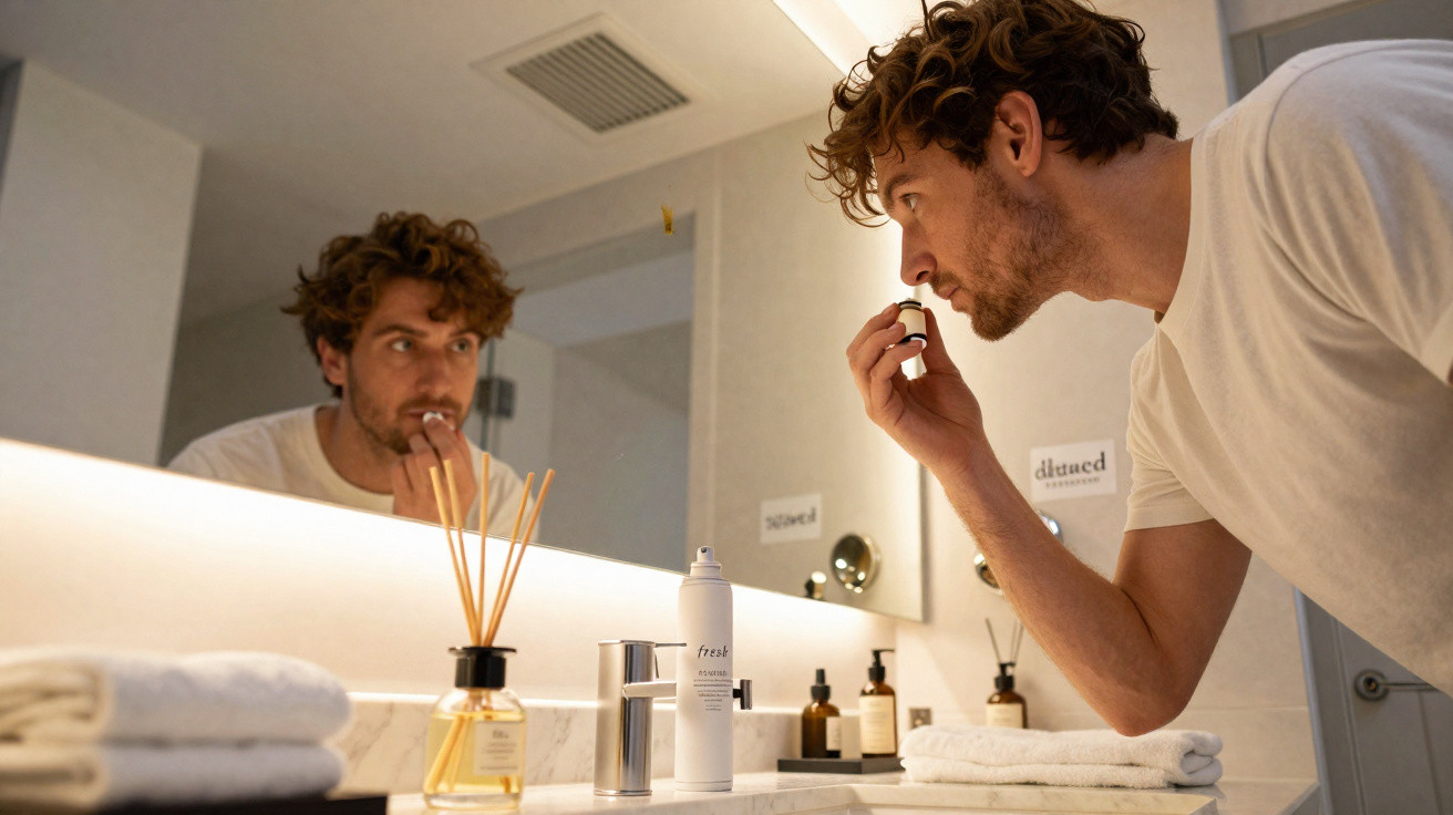 Man smelling a small bottle while leaning over a bathroom sink with toiletries and towels nearby.