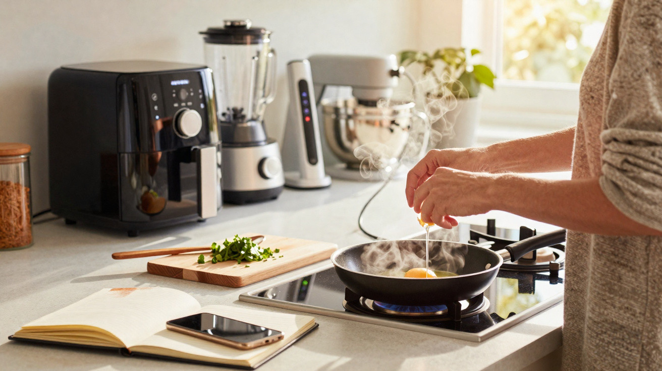 Person cracking eggs into a frying pan on a gas stove in a modern kitchen with utensils and appliances nearby.