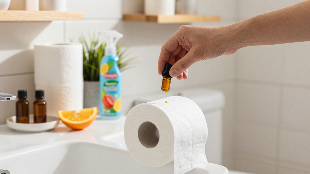 Hand dropping essential oil onto a roll of toilet paper in a bathroom setting with cleaning supplies nearby.