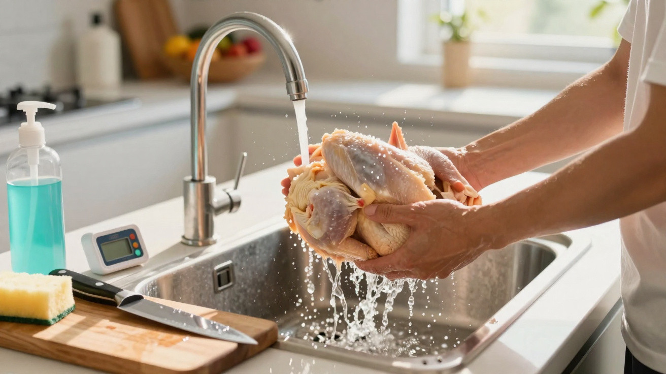 Person washing a raw whole chicken under running tap water in a kitchen sink with a knife and sponge nearby.