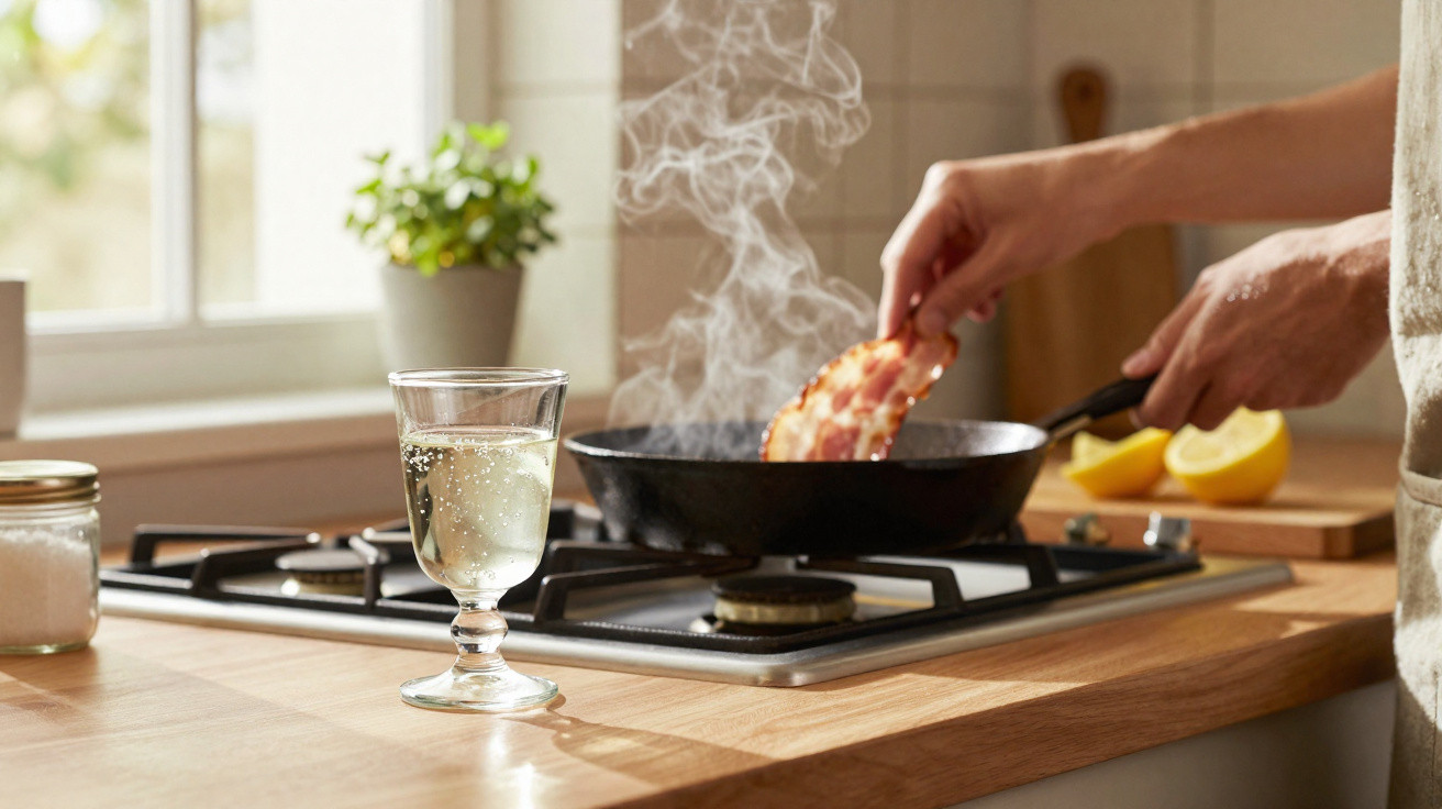 Person frying bacon in a pan on a gas stove with a glass of sparkling water on the counter nearby.