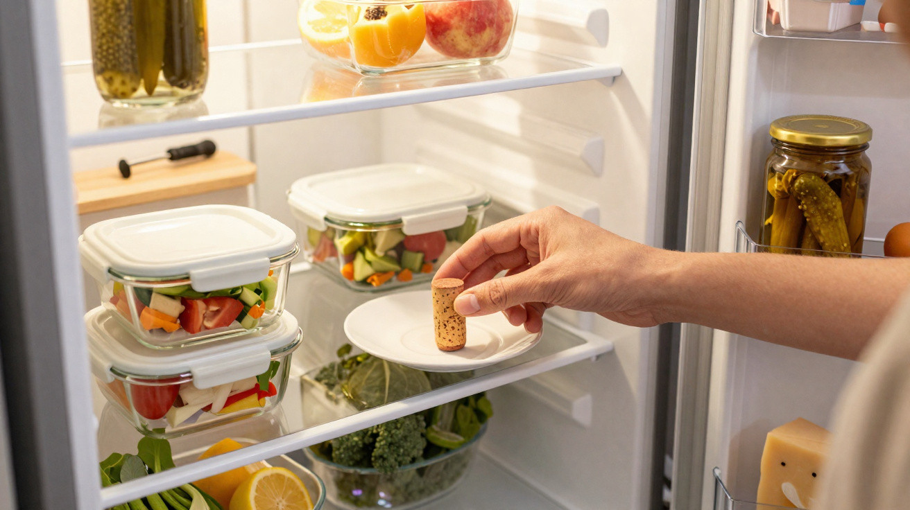 Hand placing a wine cork on a white plate inside a fridge with fresh vegetables and jars.