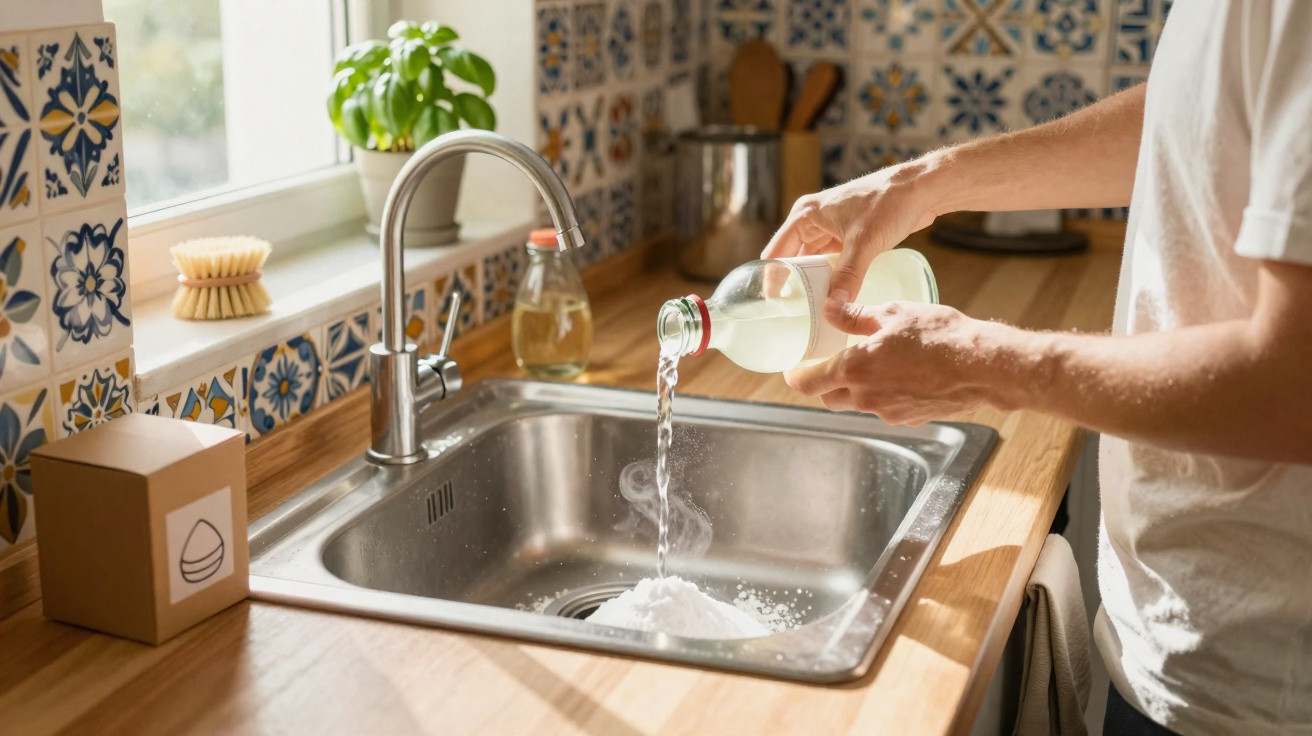 Person pouring liquid from a bottle over a pile of powder in a kitchen sink with patterned tiles.