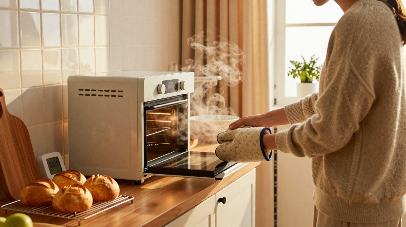 Person using oven gloves to take freshly baked bread from a steaming countertop oven in a kitchen.