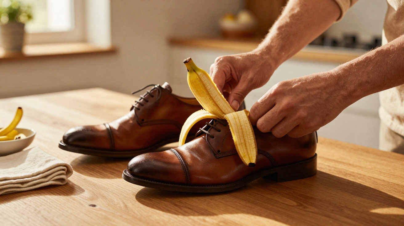 Person peeling a banana above a pair of brown leather dress shoes on a wooden table.