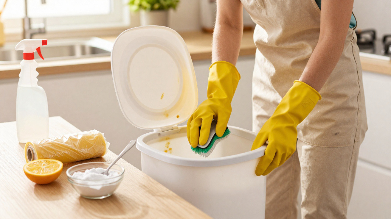 Person wearing yellow gloves cleaning a white bin in a kitchen with lemon, baking soda, and spray bottle nearby.
