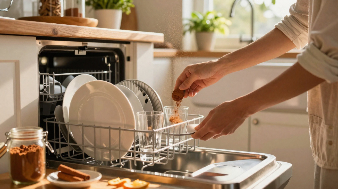 Person loading used glass and plates into a dishwasher in a bright kitchen with plants on the windowsill.