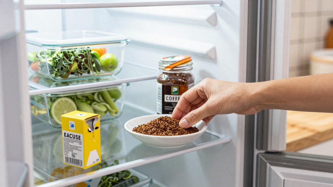 Hand placing a white bowl of instant coffee granules inside a refrigerator with vegetables and a coffee jar.