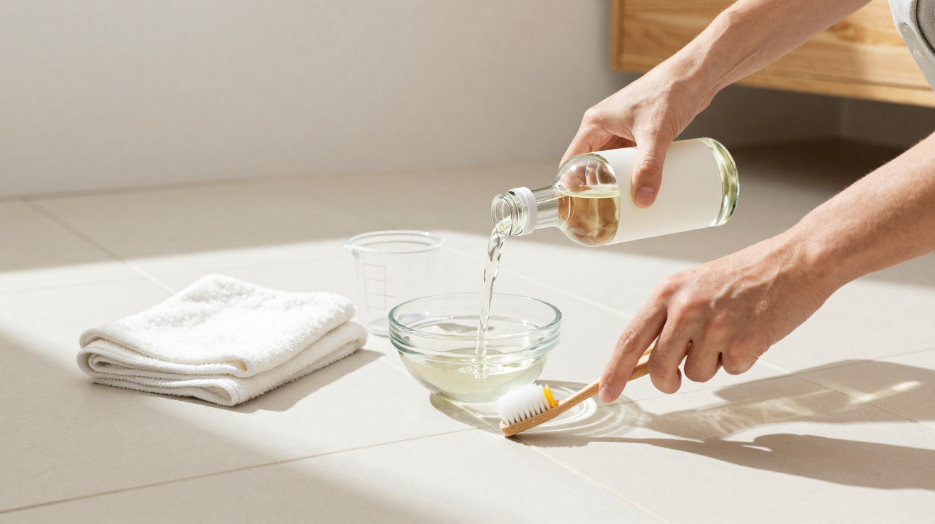 Person pouring liquid from a glass bottle into a bowl with a toothbrush and towels on the floor.