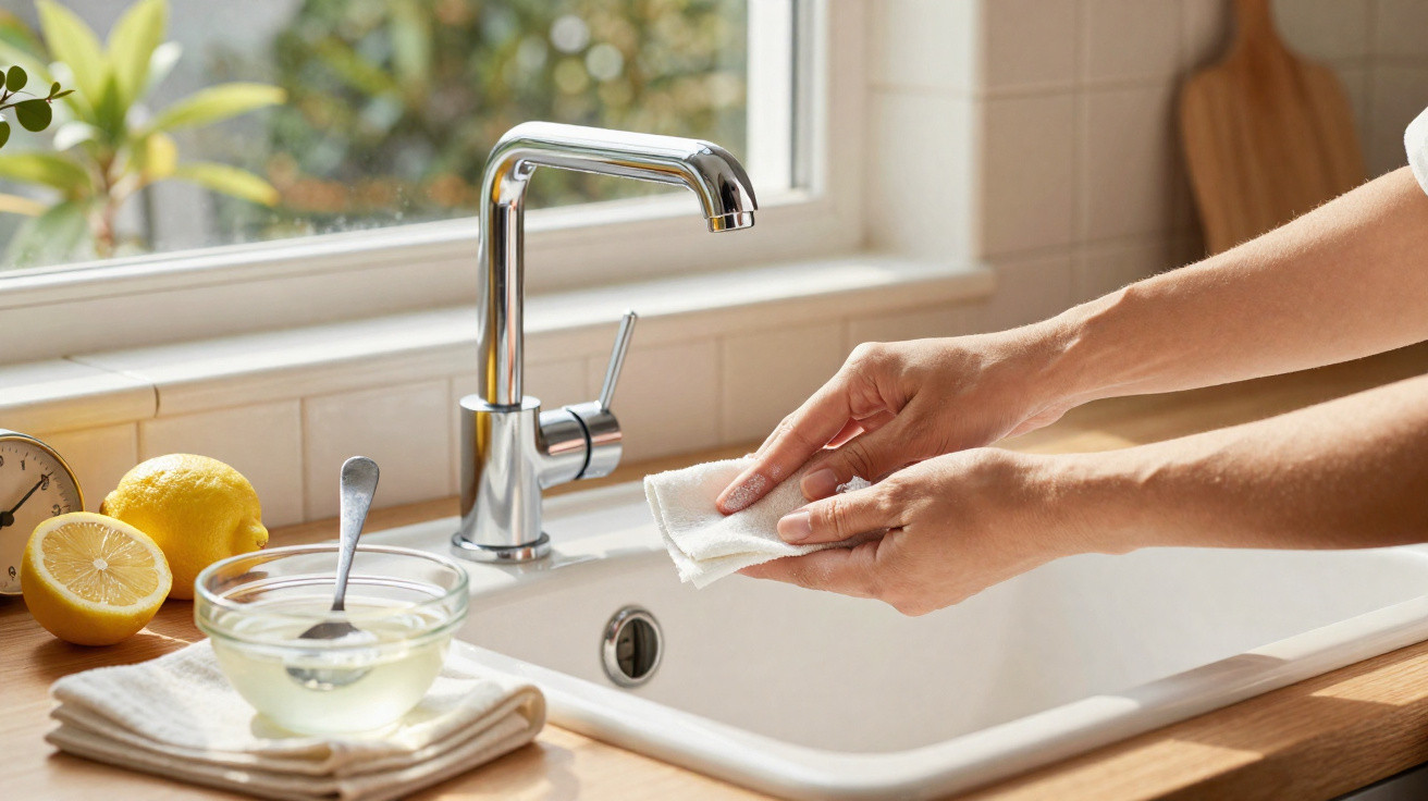 Hands cleaning a white cloth under a modern kitchen faucet with lemons and a bowl nearby on the wooden counter.