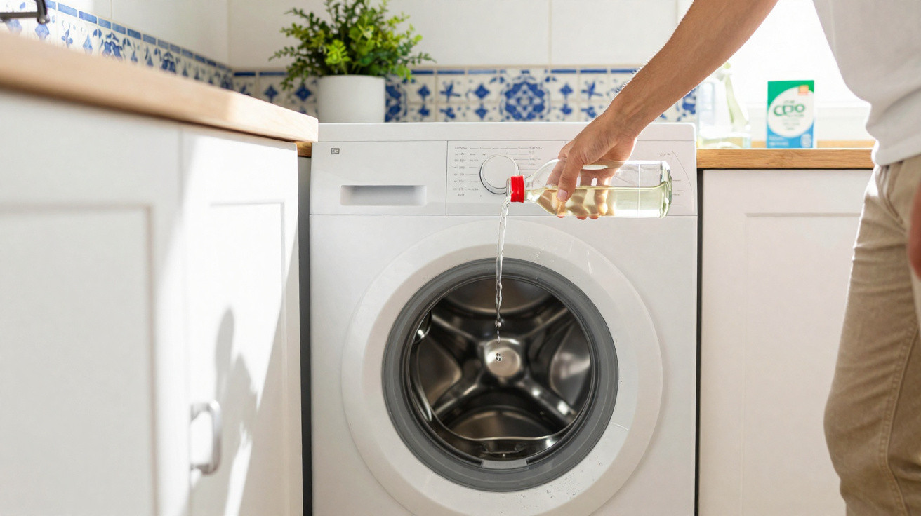 Person pouring liquid detergent into a front-loading washing machine in a bright kitchen.