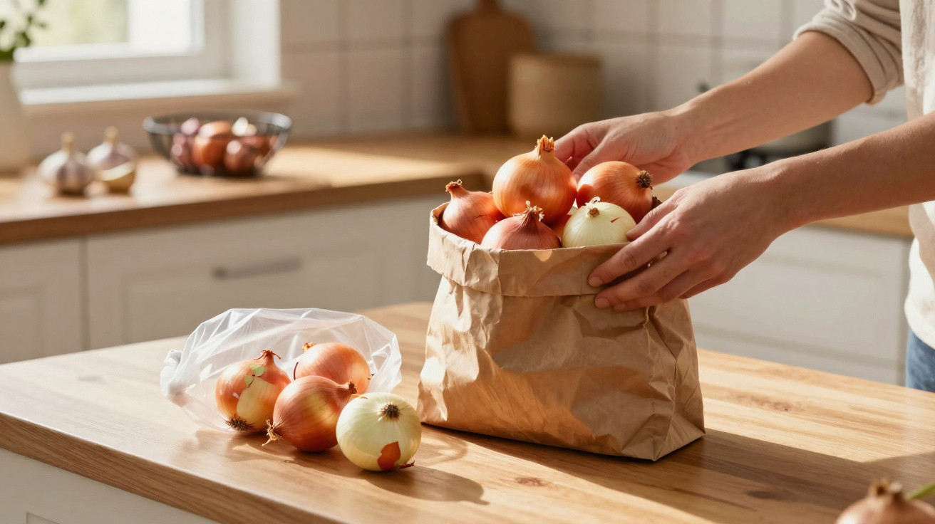 Hands placing onions into a brown paper bag on a kitchen countertop with onions in a plastic bag nearby.