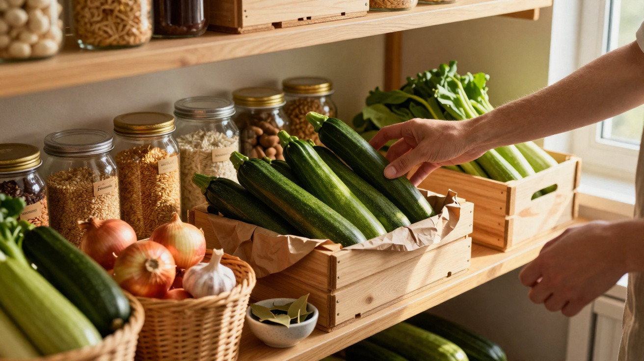 Person selecting fresh courgettes from wooden crates on a kitchen shelf with jars and vegetables nearby.