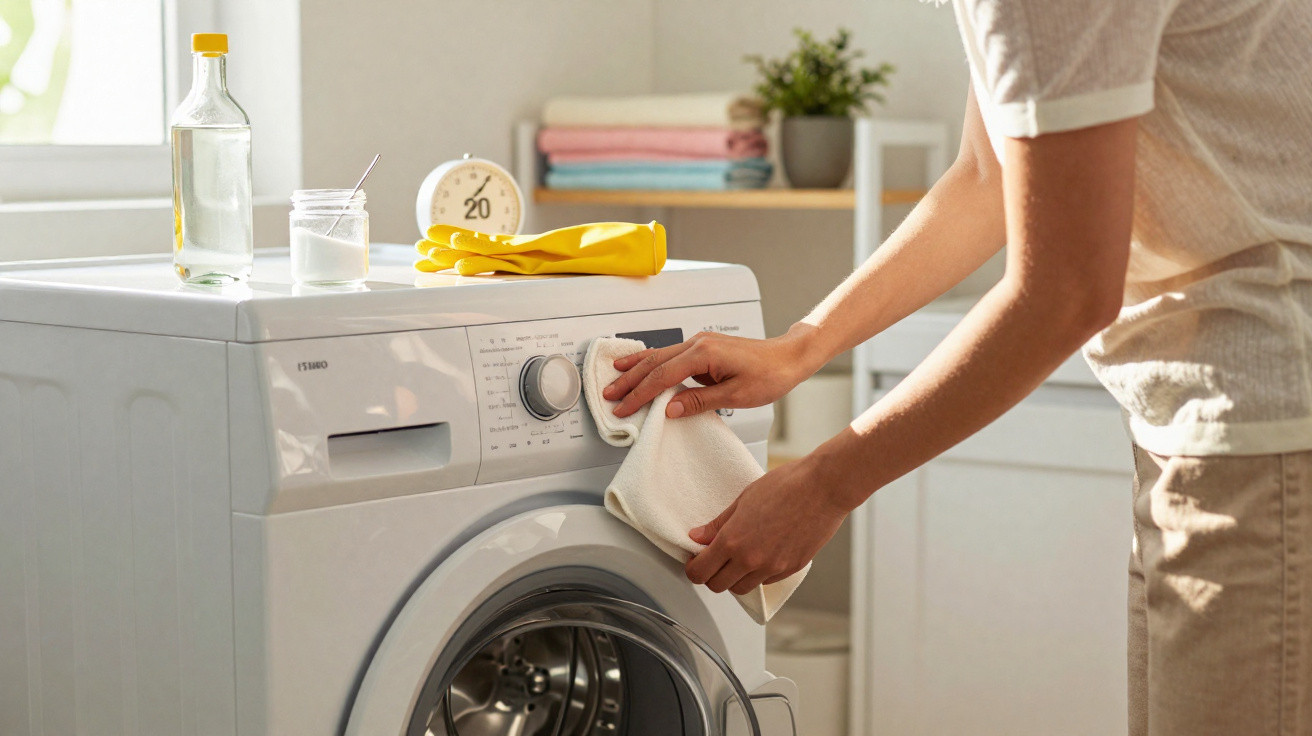 Person cleaning the control panel of a white front-loading washing machine with a cloth.