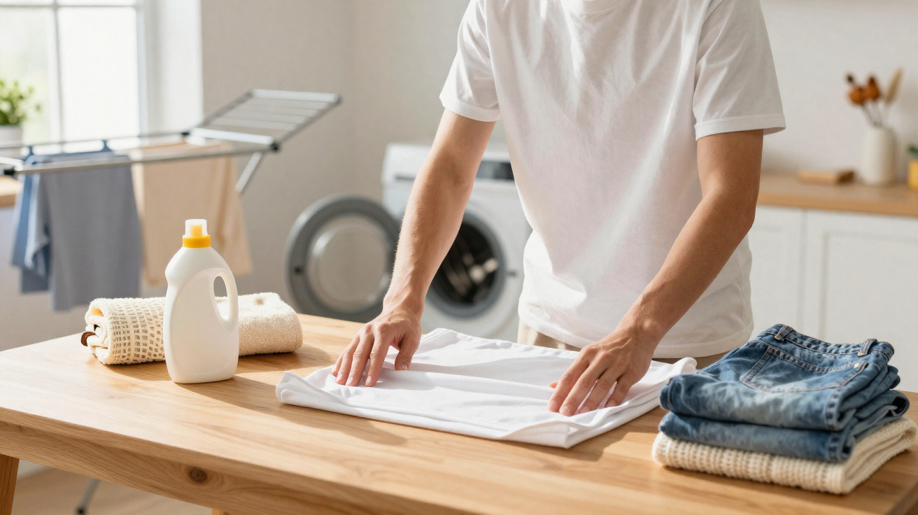 Person folding a white t-shirt on a wooden table with laundry detergent and folded clothes nearby.