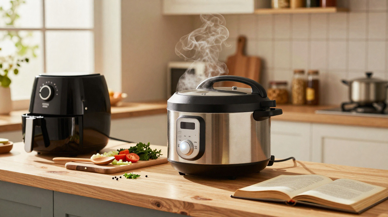Steaming electric pressure cooker and air fryer on kitchen counter with chopped vegetables and open cookbook.