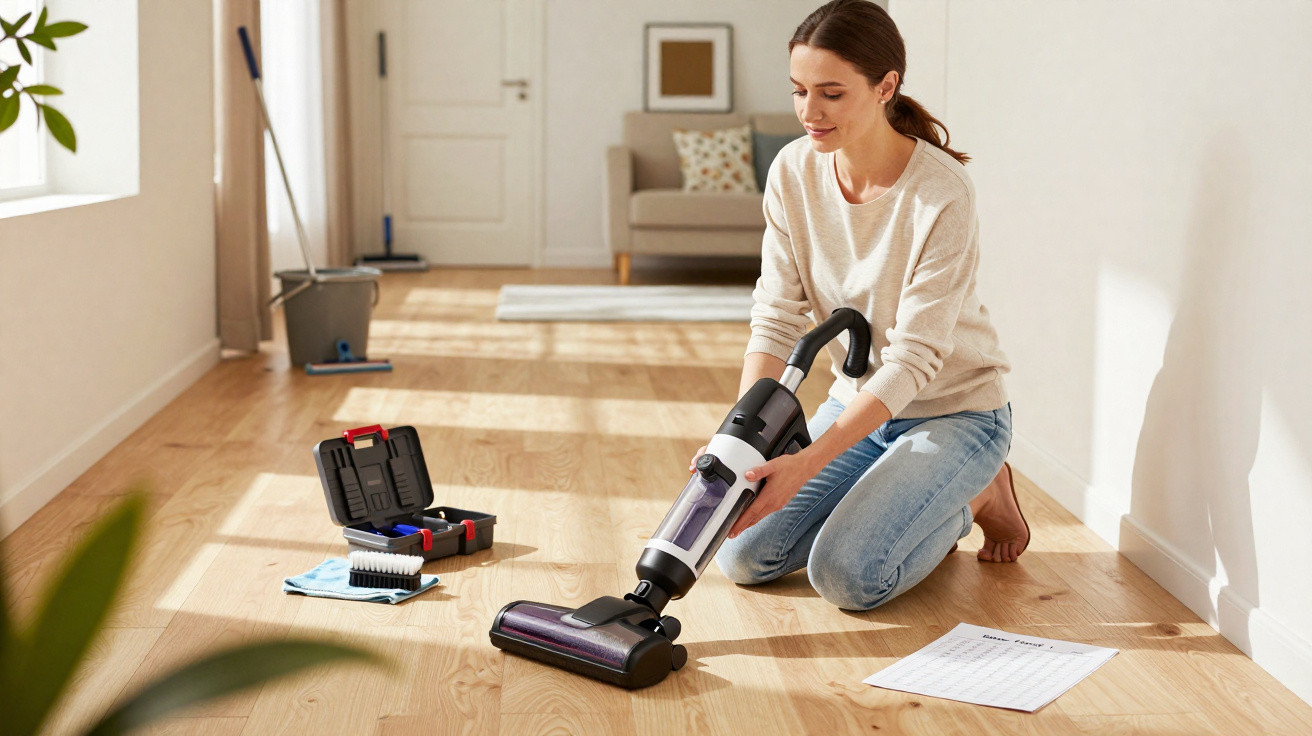 Woman kneeling on wooden floor, using a cordless vacuum cleaner in a bright, tidy living room.