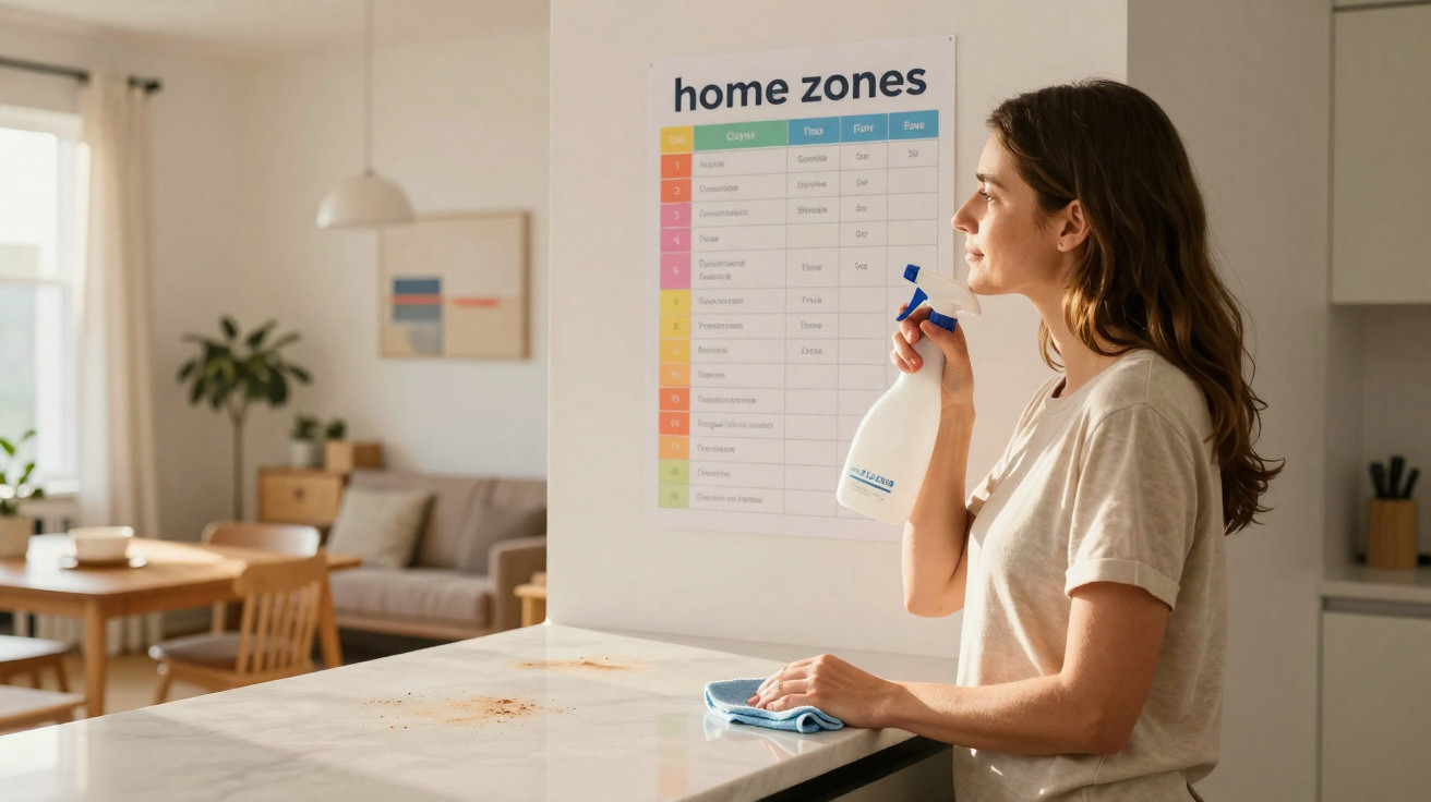 Woman cleaning kitchen counter with spray bottle and cloth, with a home zones chart on the wall behind her.