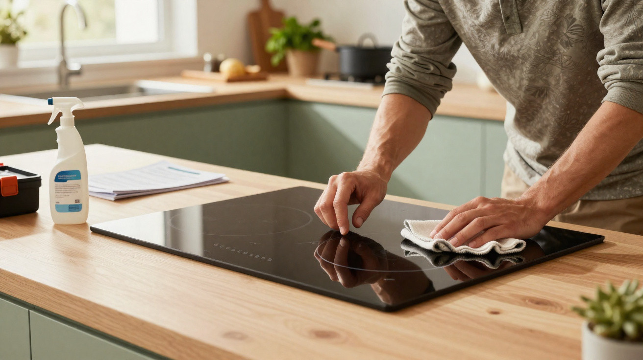 Person cleaning a modern black glass cooktop on a wooden kitchen countertop with a cloth.