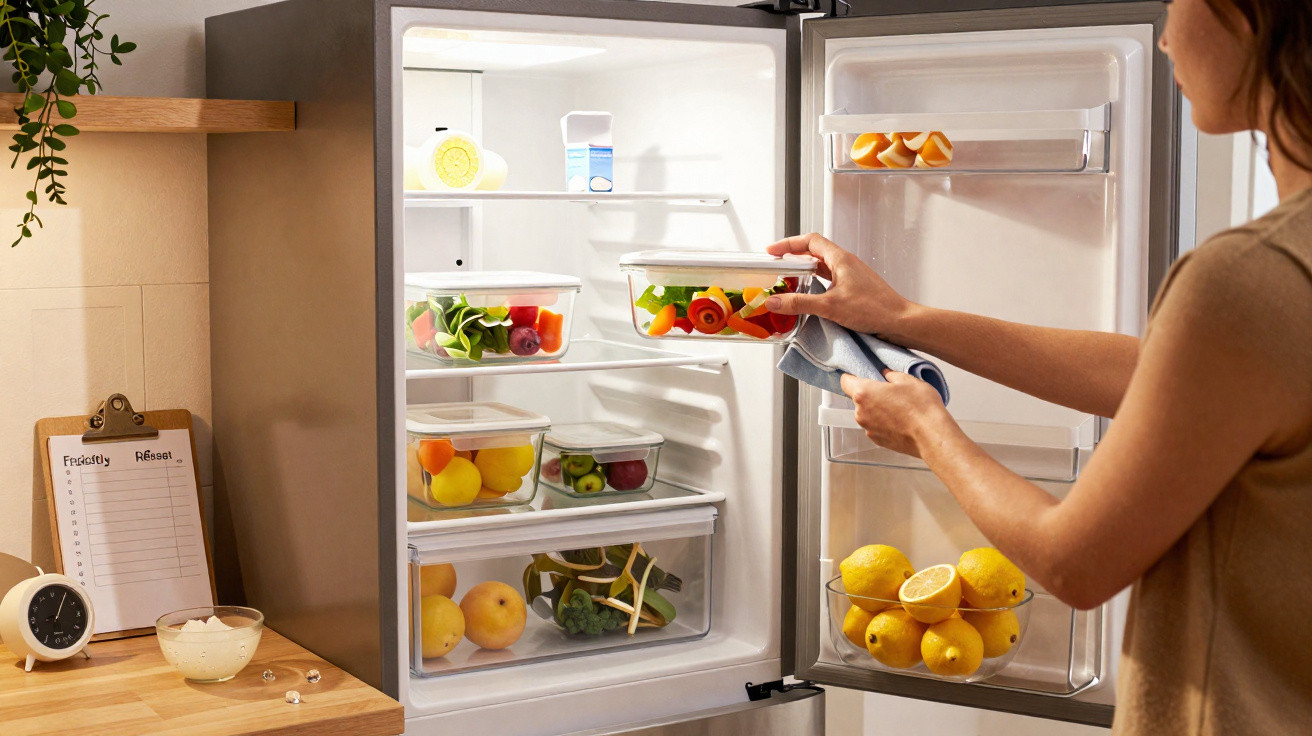 Person placing glass container with salad inside open fridge filled with fresh fruits and vegetables