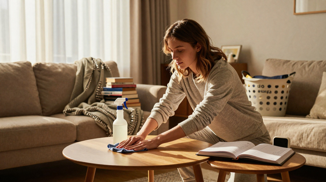 Woman wiping a wooden coffee table in a cosy living room with books and a laundry basket nearby.