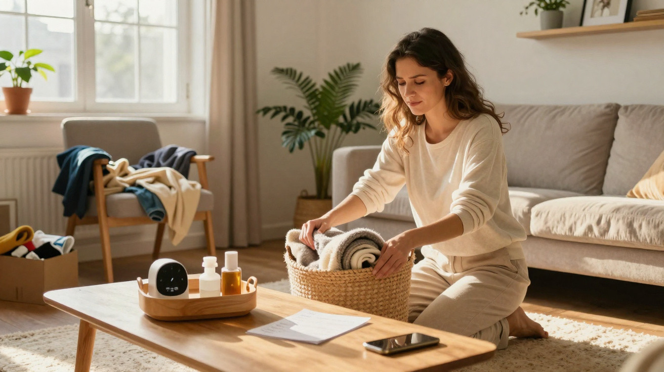 Woman kneeling on carpet placing folded blankets into a woven basket in a bright living room.