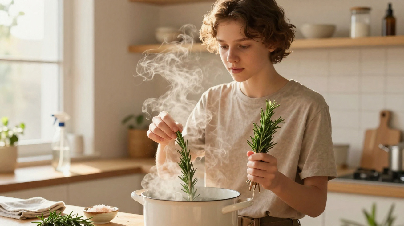 Young person adding fresh rosemary to steaming pot in a bright kitchen with natural light.