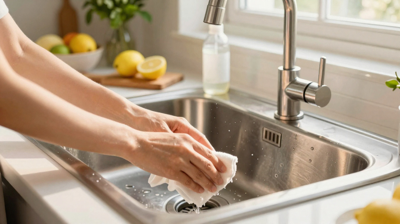 Person cleaning stainless steel kitchen sink with white cloth by window with fruit bowl and lemon on cutting board nearby
