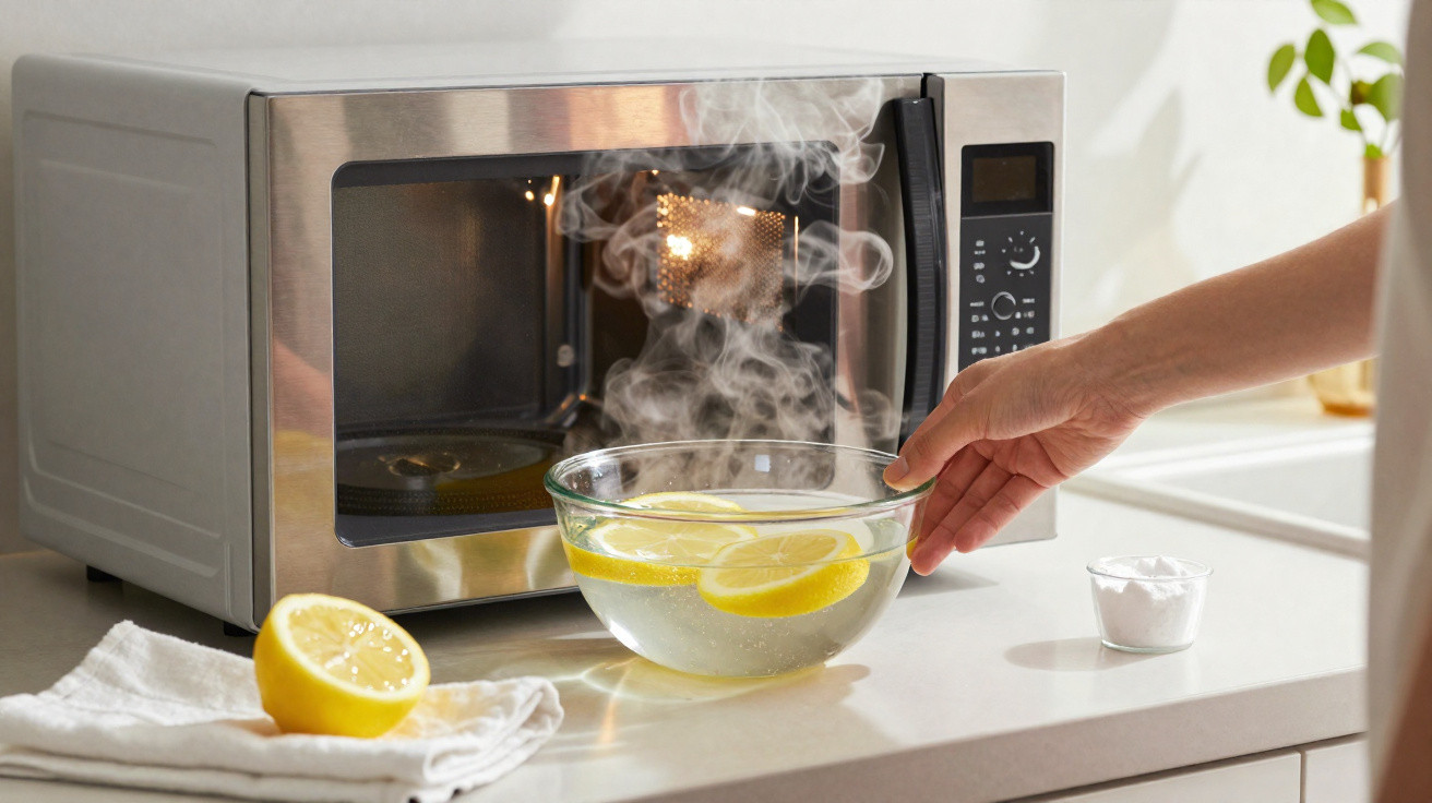 Steaming bowl with lemon slices is taken out of a microwave on a kitchen countertop next to a lemon half and a small bowl of 