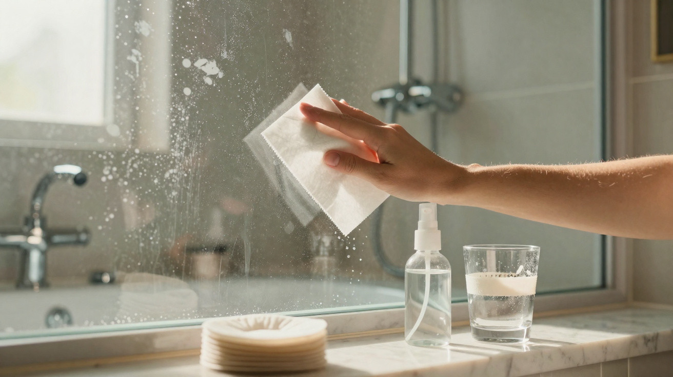 Hand wiping a bathroom mirror with a cloth, a spray bottle, and a glass of water on the counter.