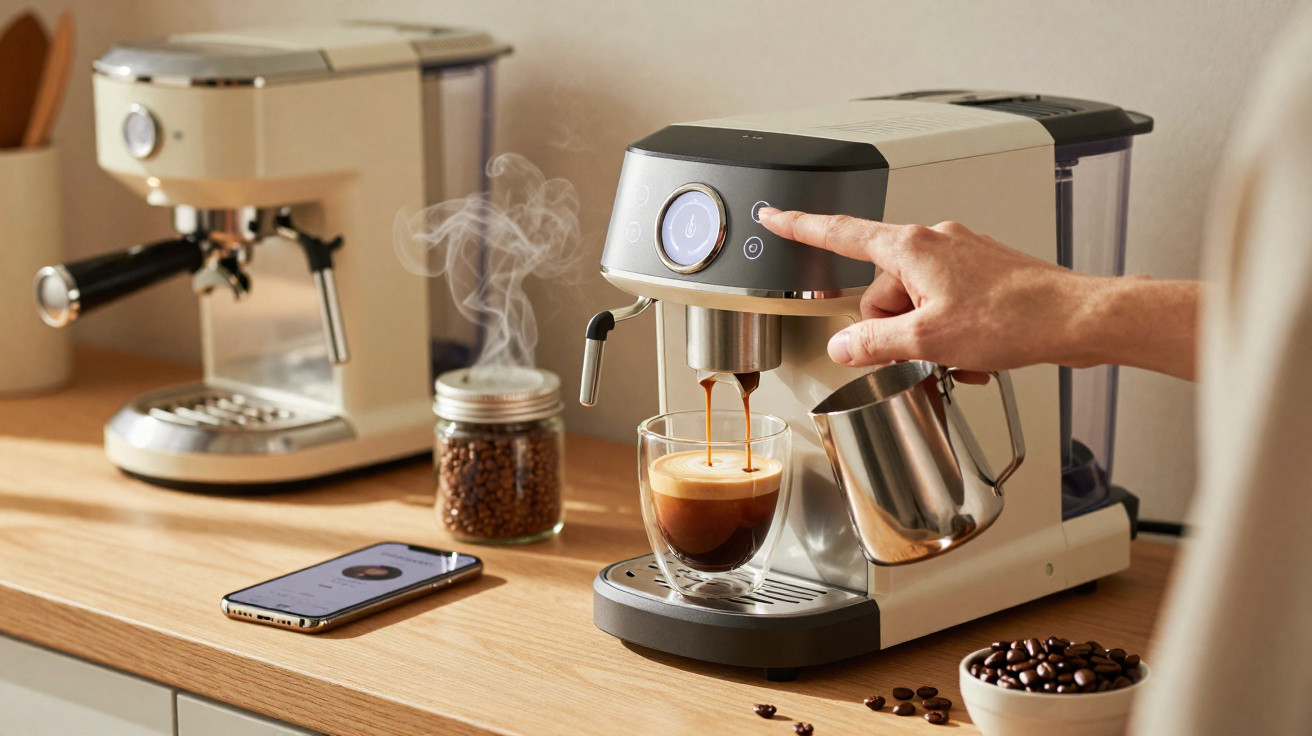 Person operating espresso machine pouring coffee into glass cup on kitchen counter with coffee beans and smartphone nearby