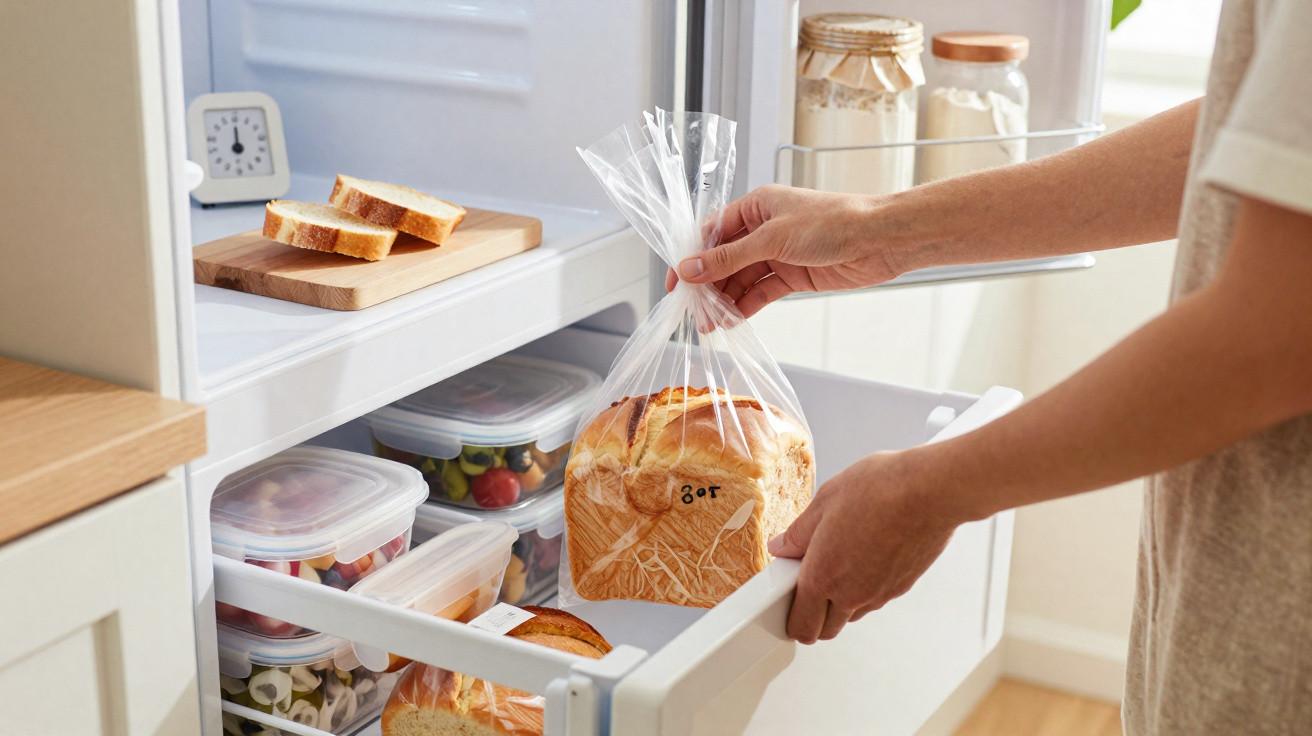 Person placing a loaf of bread in a fridge drawer filled with containers and sliced bread on a cutting board.