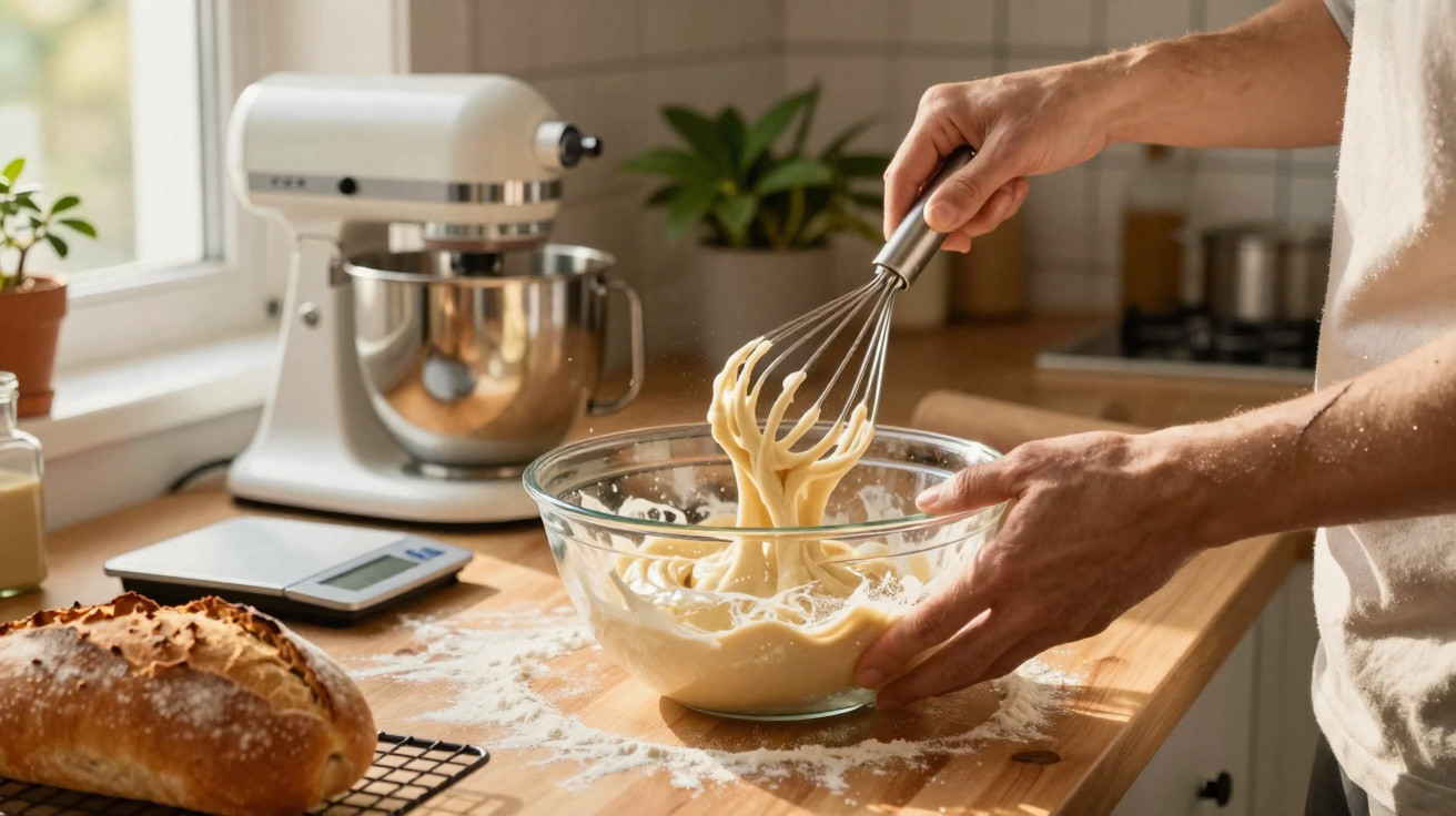 Person whisking batter in a glass bowl on a kitchen counter with bread and a stand mixer nearby