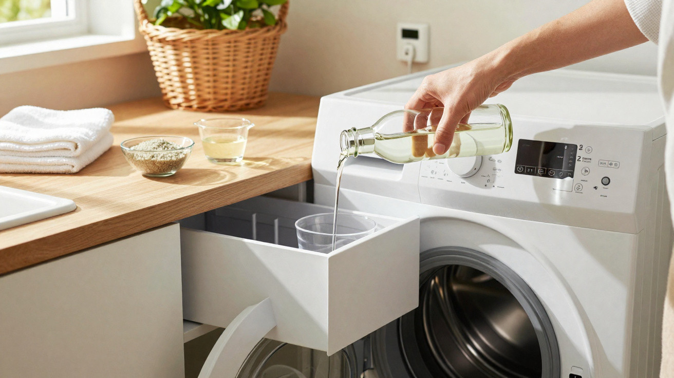 Person pouring liquid into the detergent drawer of a white front-loading washing machine in a laundry room.