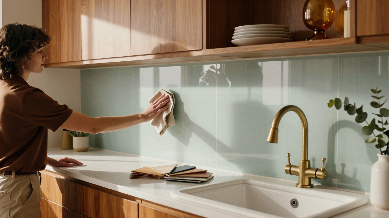 Person cleaning a modern kitchen backsplash next to a brass faucet and wooden cabinets with plates above.