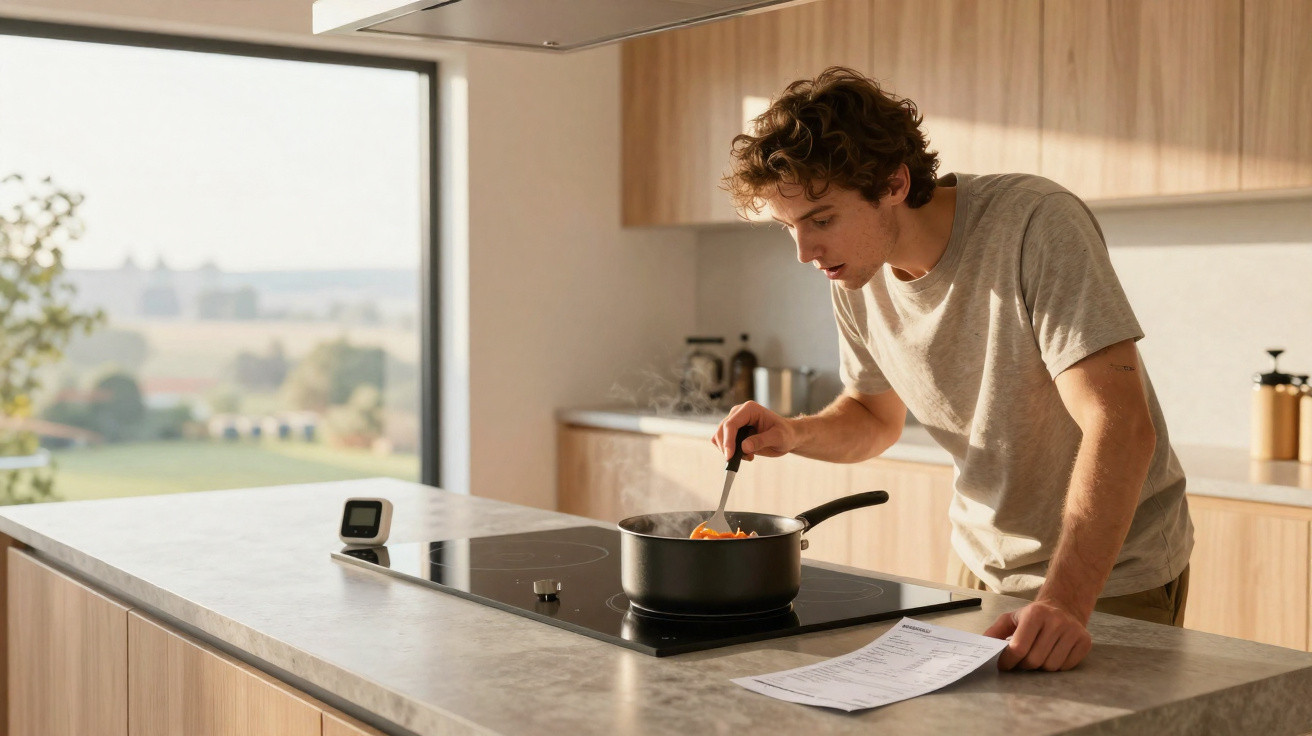 Young man cooking and stirring food in a pot on an electric stove in a modern kitchen with a view outside.