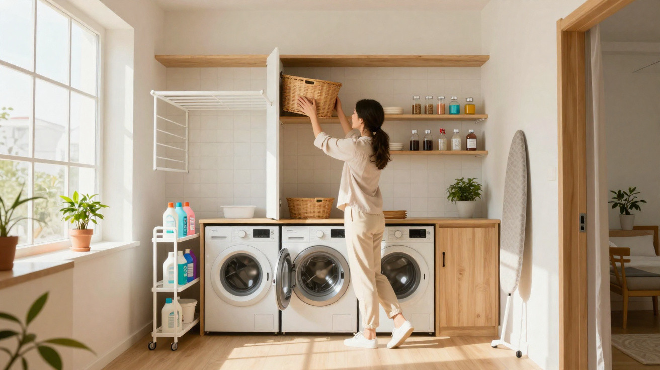 Woman placing a wicker basket on a shelf in a bright, organised laundry room with washing machines.