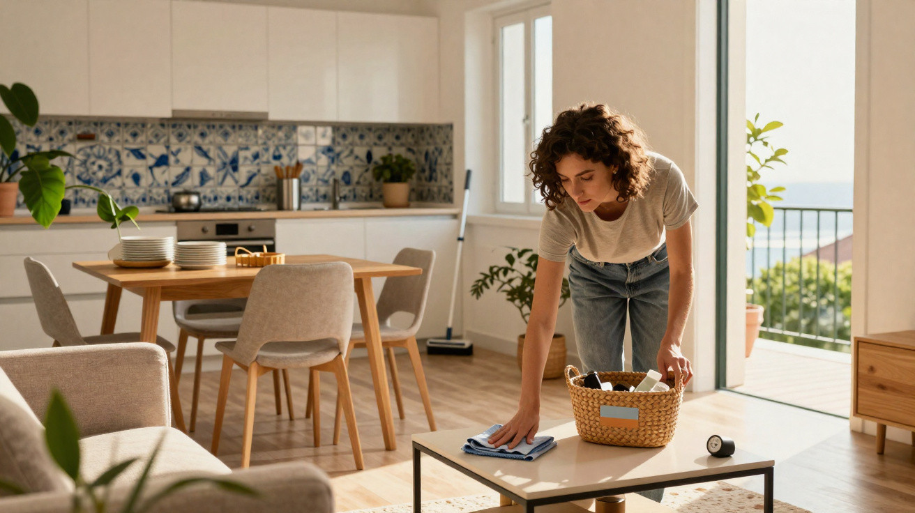Young woman cleaning coffee table in bright, modern kitchen and dining area with tiled backsplash and open balcony door.